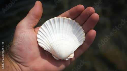 Hand holding a shell with a white and brown pattern