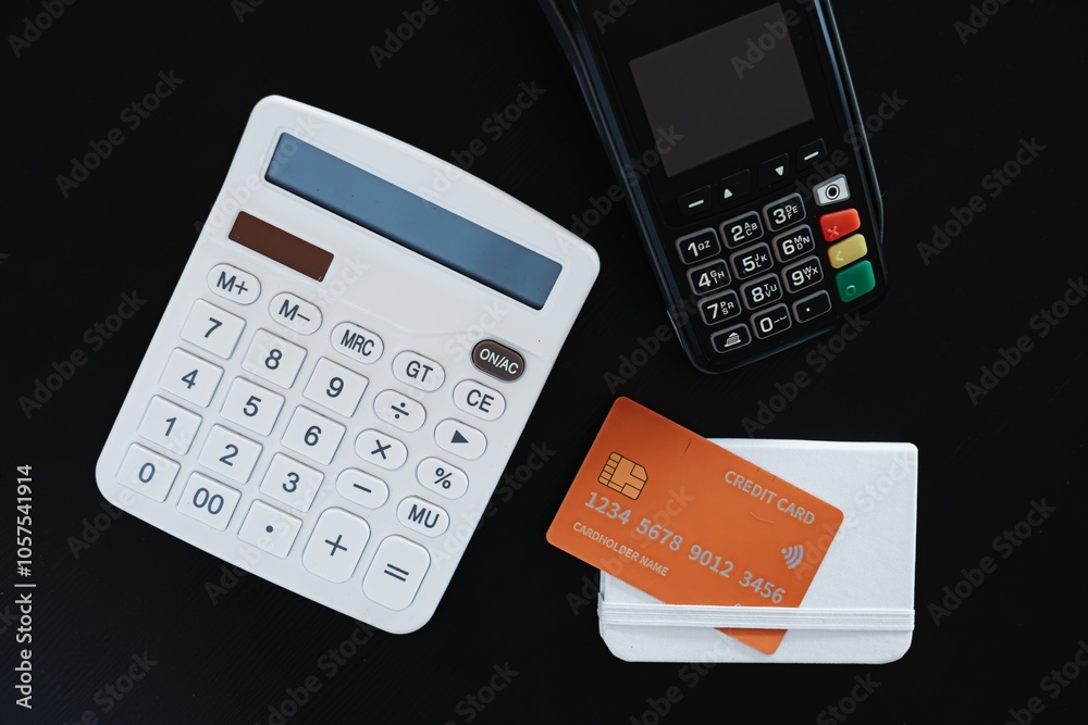 Calculator, credit card on white wallet, and a EDC card reader tool on black table. Modern financial concept. Calculator, credit card on white wallet, and a EDC card reader tool on black table. Modern financial concept.