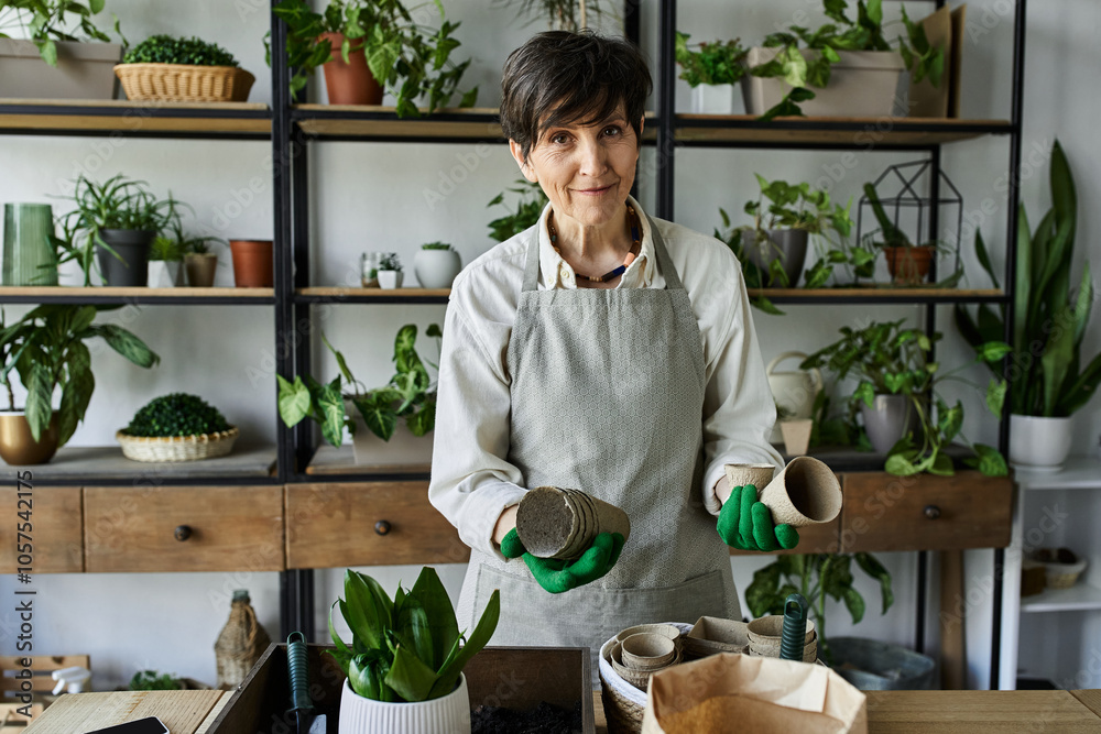 A gardener enjoys nurturing her plants in a cozy, well lit space. A gardener enjoys nurturing her plants in a cozy, well lit space.
