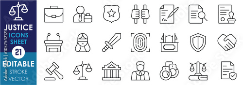 A set of line icons related to Justice. Briefcase, sword, scale, law, book, prison, contract, lens, court, fingerprint, blindfold, courtroom, and so on. Vector editable stroke.