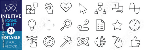 A set of line icons related to Intuitive. Puzzle, eyes, heart, star, arrow, bulb, flowchart, curve, time, gesture, and so on. Vector editable stroke.