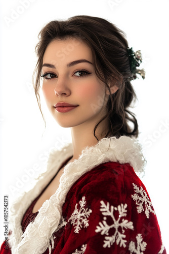 Young beautiful beauty Christmas dress on white background, Christmas beauty wallpaper