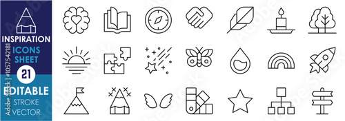 A set of line icons related to Inspiration. Brain, puzzle, wings, compass, rainbow, rocket, pathway, star, tree, sunrise, and so on. Vector editable stroke.