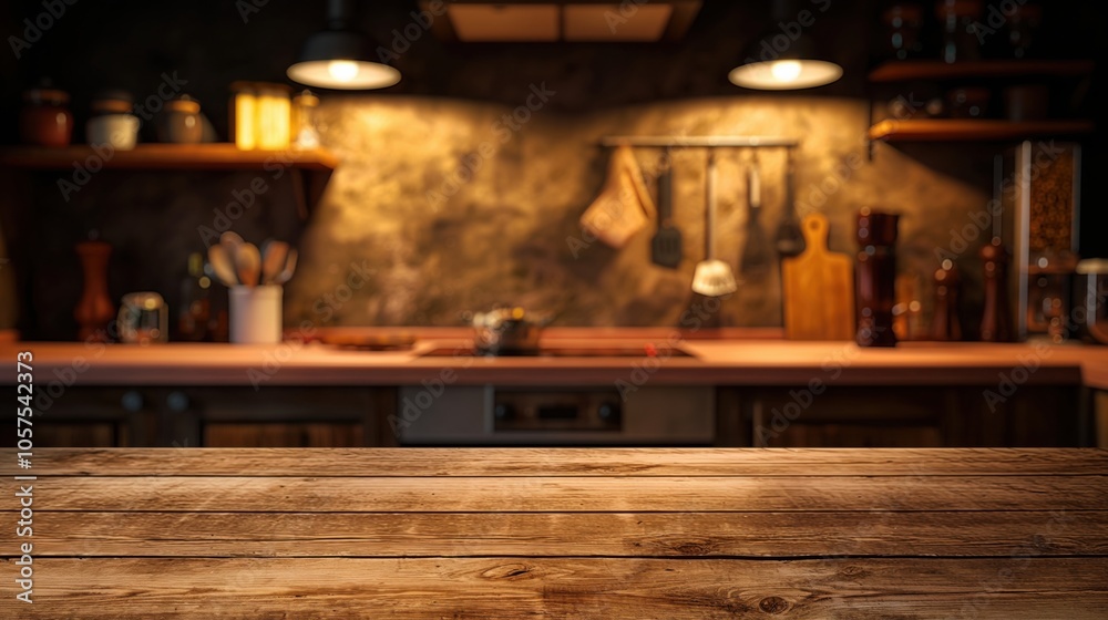 Wooden table in country kitchen with blurred background. Wood rustic counter for product display, showcasing bright and clean interior design, ideal for cooking and home lifestyle Wooden table in country kitchen with blurred background. Wood rustic counter for product display, showcasing bright and clean interior design, ideal for cooking and home lifestyle