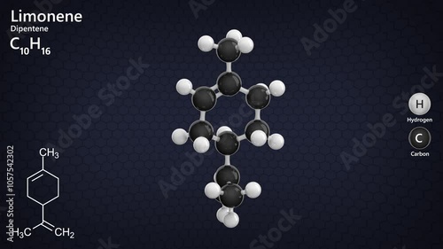 Limonene or Dipentene. Cycloalkene. Citrus aroma. Animated 3D model of a molecule. Molecular formula: C10H16. Chemical model: Ball and stick. Dark background. 3D rendering. Seamless loop. photo