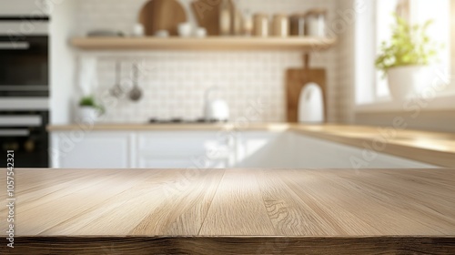 Wooden table in modern kitchen with blurred background. Wood rustic counter for product display, showcasing bright and clean interior design, ideal for cooking and home lifestyle