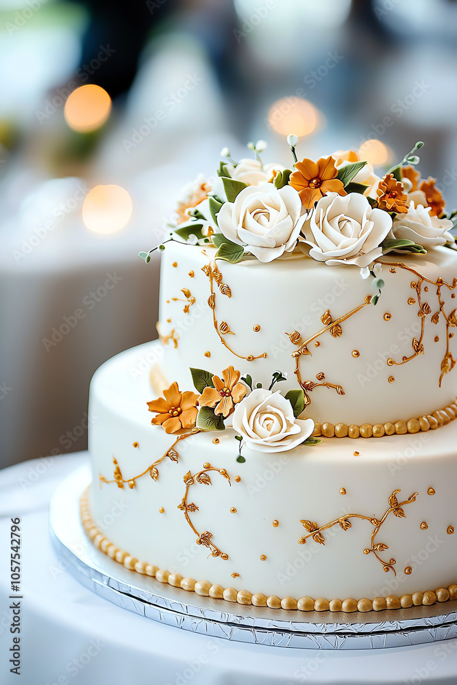 Fototapeta premium Exquisite two-tiered buttercream cake adorned with elegant floral accents and luxurious gold detailing for celebrations