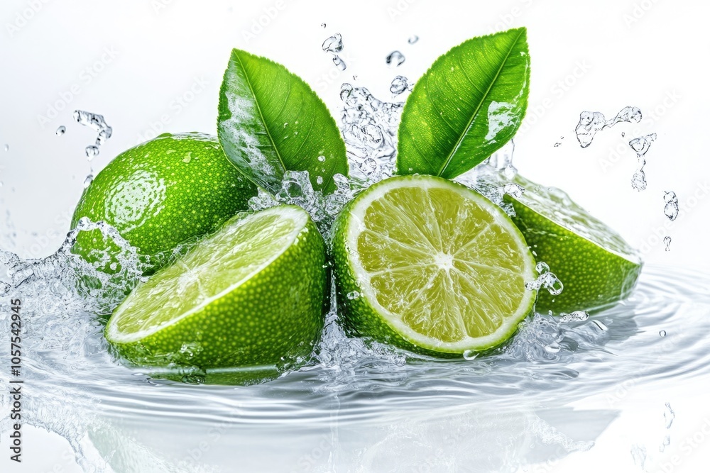 Cutted lime with leaves in water splashes isolated on white background. Cutted lime with leaves in water splashes isolated on white background.