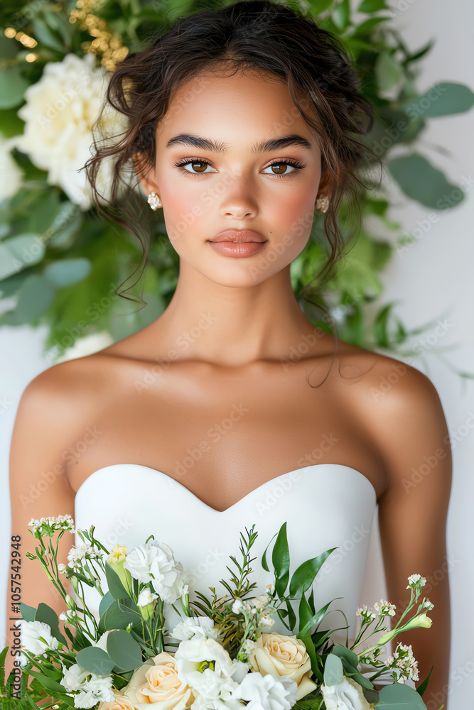 Elegant bridal portrait amidst lush floral arrangements with an exquisite buttercream cake featuring gold accents Elegant bridal portrait amidst lush floral arrangements with an exquisite buttercream cake featuring gold accents