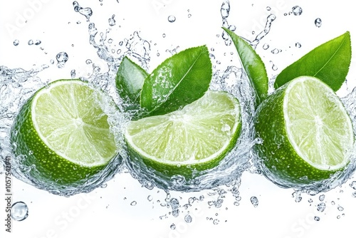 Cutted lime with leaves in water splashes isolated on white background.
