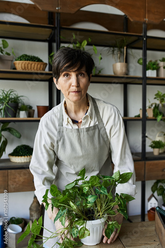 A mature woman tends to her vibrant plants with care and passion in her studio.