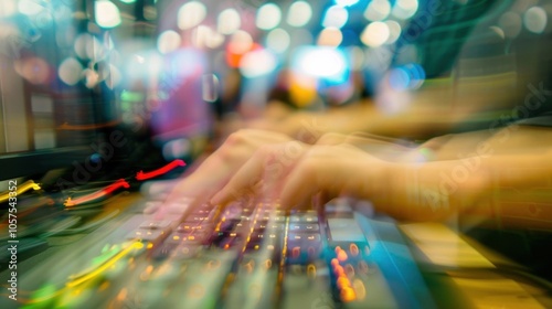 A blur of hands typing feverishly on keyboards as attendees compete in a coding competition at a tech convention. photo