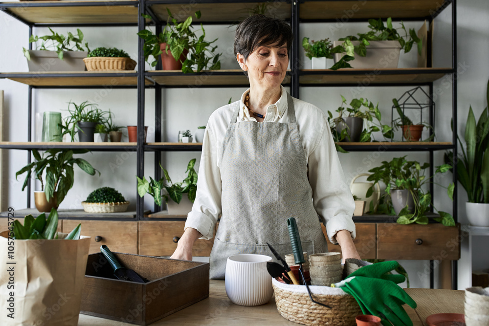 A gardener lovingly tends to her plants in a cozy, lush studio. A gardener lovingly tends to her plants in a cozy, lush studio.