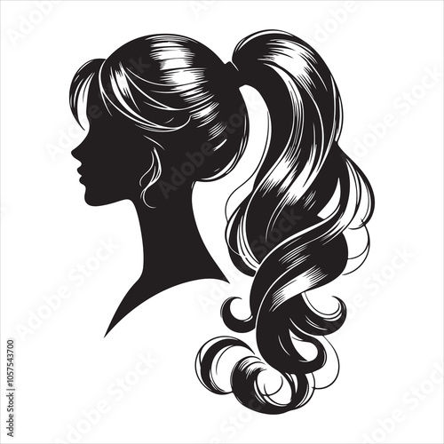 Elegant ponytail hairstyle silhouette for women on a white background 