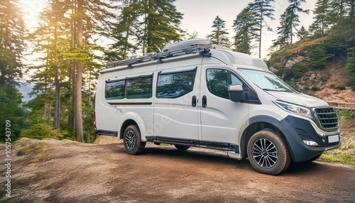 Futuristic offroad camper van on rocks in the woods
