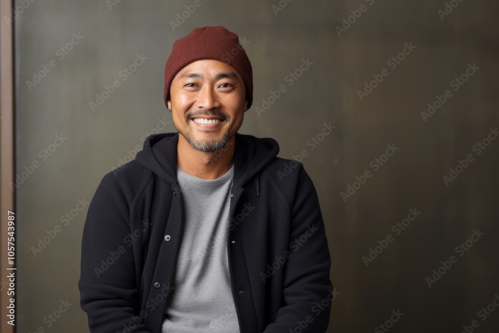 Portrait of a satisfied asian man in his 40s sporting a trendy beanie over light wood minimalistic setup Portrait of a satisfied asian man in his 40s sporting a trendy beanie over light wood minimalistic setup