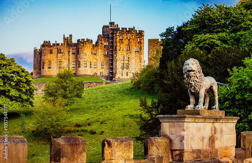 Scenic view from Lion Bridge of Alnwick Castled; Alnwick, Northumberland, England photo