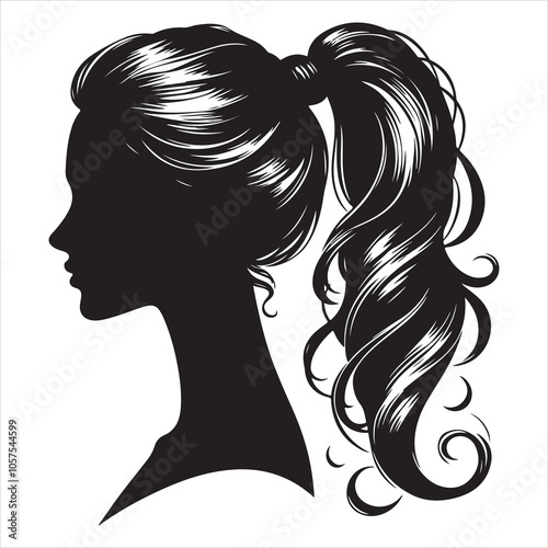 Elegant ponytail hairstyle silhouette for women on a white background 