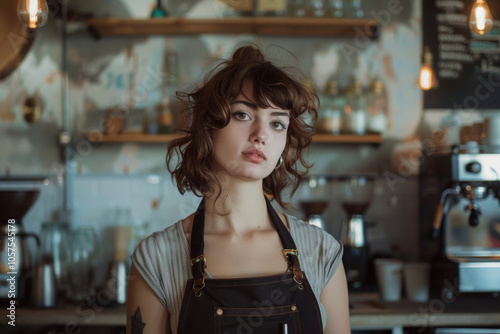 Coffee shop. Woman barista, vintage style, copy space.