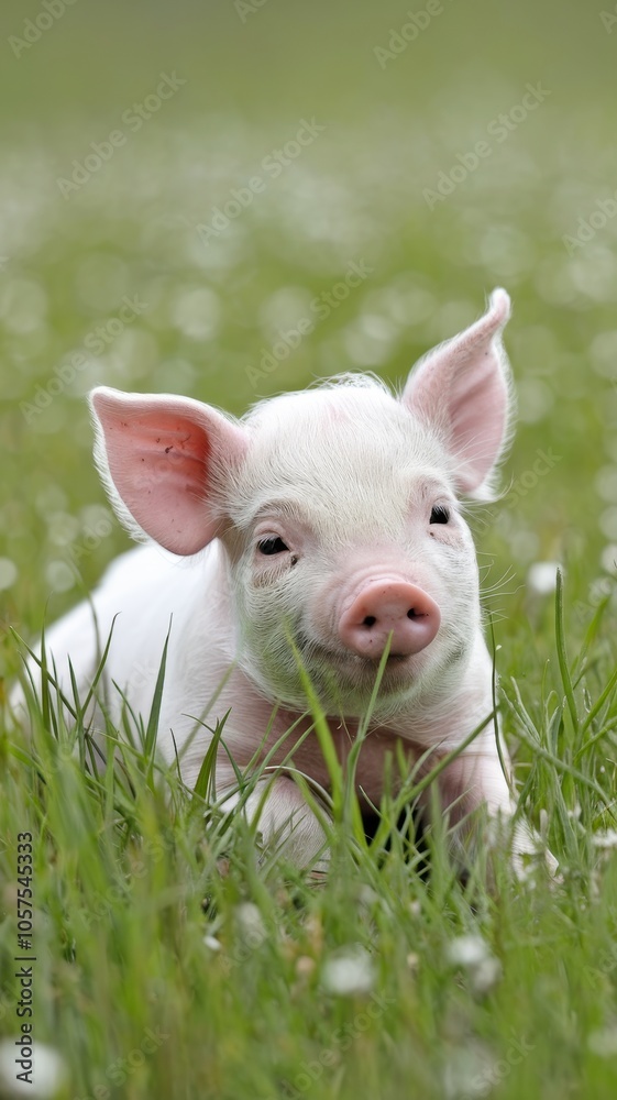 Young piglet in outdoor setting with grass and small flowers Young piglet in outdoor setting with grass and small flowers