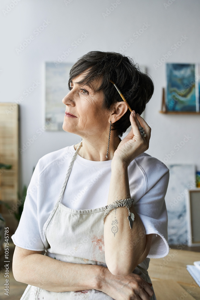A painter reflects thoughtfully in her creative space. A painter reflects thoughtfully in her creative space.