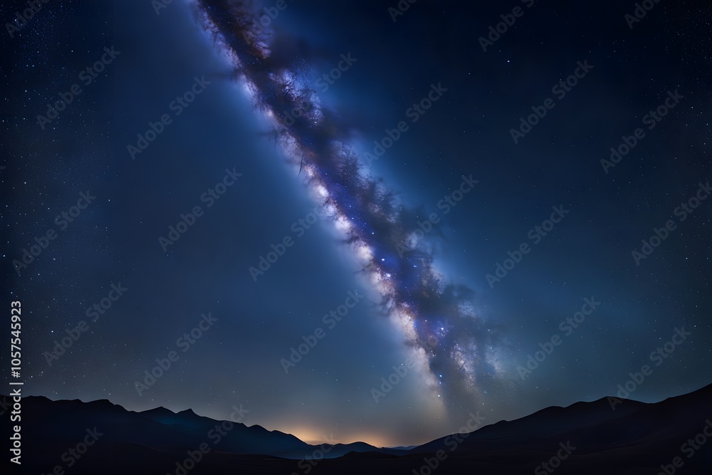 Deep blue night sky with a milky way stretching across it thousands of stars shining brightly, AI Generated Deep blue night sky with a milky way stretching across it thousands of stars shining brightly, AI Generated