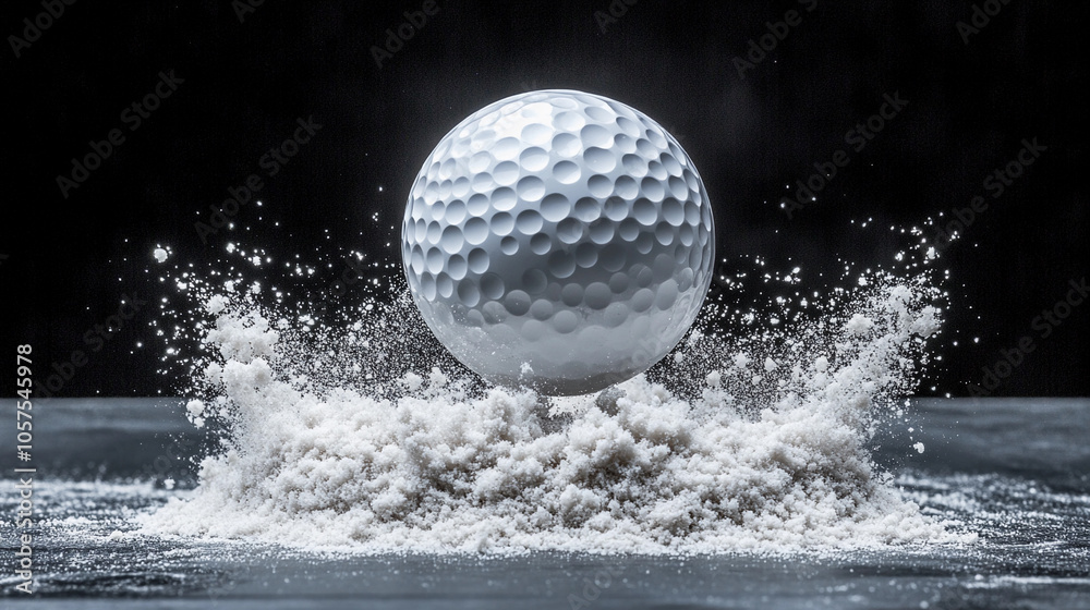 A golf ball impacts a surface, creating a dramatic splash of white powder in a dark setting A golf ball impacts a surface, creating a dramatic splash of white powder in a dark setting
