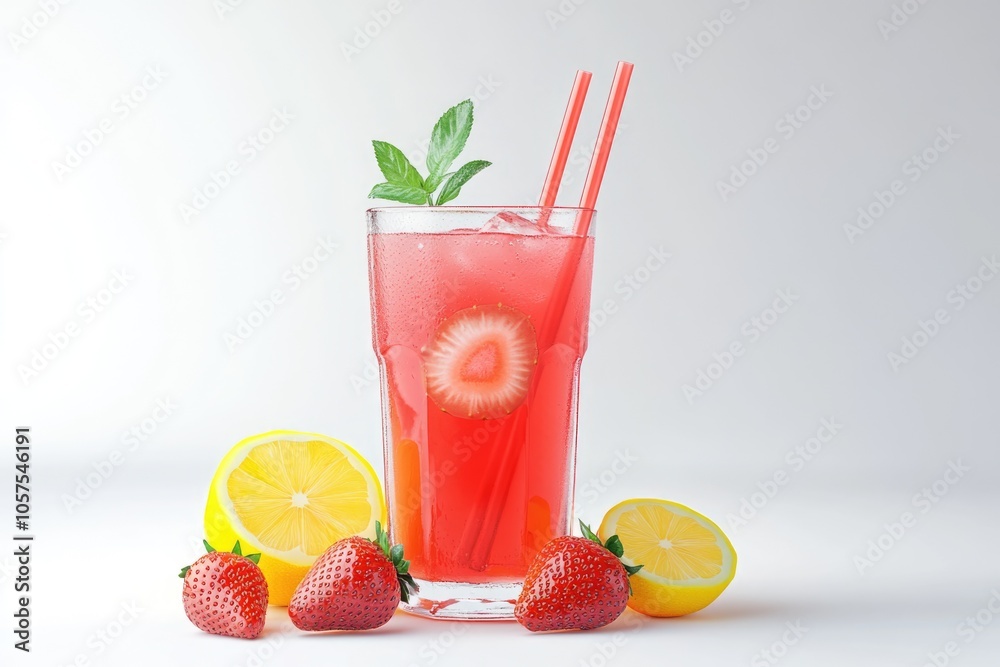Glass of strawberry lemonade with straws on white background Glass of strawberry lemonade with straws on white background