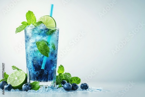 Glass of tasty blue mojito cocktail on white background  mojito  mojito