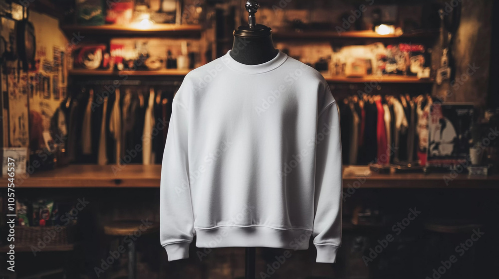 White sweatshirt displayed on a mannequin in a vintage clothing store surrounded by apparel White sweatshirt displayed on a mannequin in a vintage clothing store surrounded by apparel