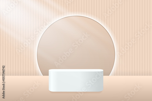 Abstract 3D beige podium background. Modern minimalist mockup for product display presentation. Realistic beige cylinder pedestal podium.