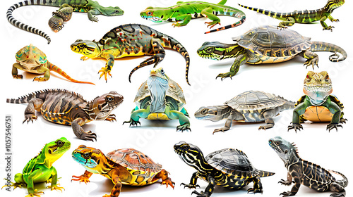 Collection of reptiles like snakes, lizards, and turtles, isolated on white, cut out  photo