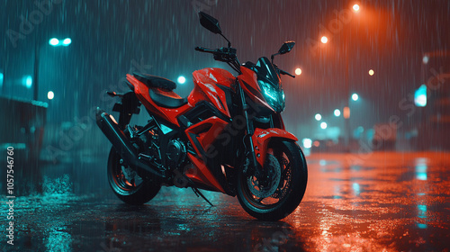 A vibrant red motorcycle stands out in the rain at night, illuminated by urban lights photo