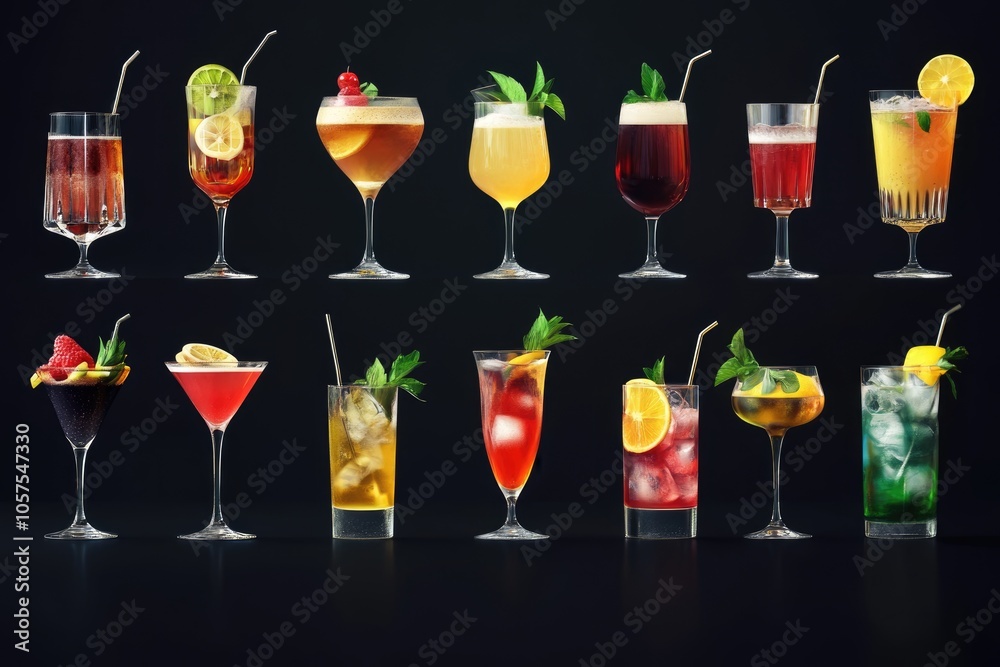 Extensive cocktail collection on black background Extensive cocktail collection on black background