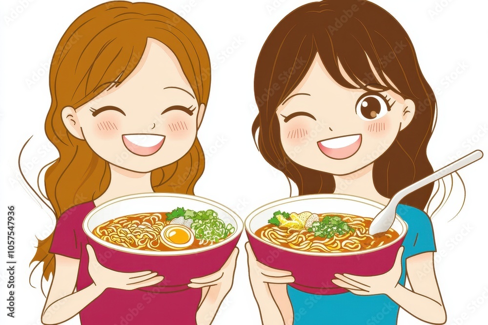 women eating instant noodles