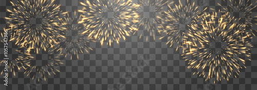 Vector festive fireworks isolated on png. New Year's Eve fireworks with brightly shining sparks. Realistic sparks and explosions. Colorful pyrotechnics show. Vector isolated on png background.
