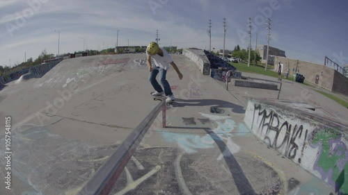 Skateboarder ollie onto grind on rail slow motion