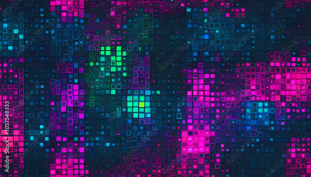 Pixelated neon squares forming a vibrant mosaic with a retro-futuristic vibe Pixelated neon squares forming a vibrant mosaic with a retro-futuristic vibe