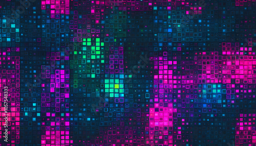 Pixelated neon squares forming a vibrant mosaic with a retro-futuristic vibe