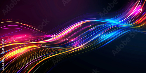 Abstract background adorned with a myriad of colorful neon lines, each leaving behind a radiant trail of light.