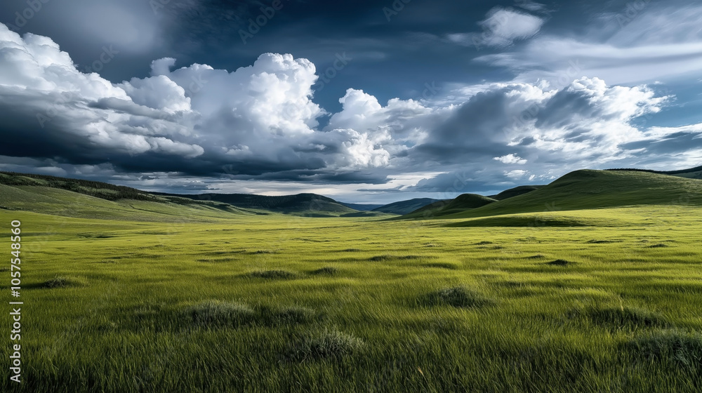 Obraz premium Expansive green grassy plain under dramatic cloudy sky with distant rolling hills and dynamic cloud formations