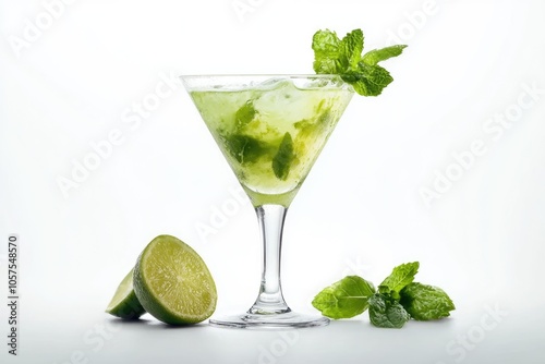 Mojito cocktail in martini glass Mojito cocktail in martini glass isolated on white background.