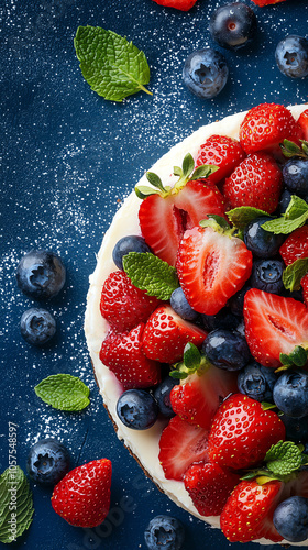 Delicious fruittopped cheesecake with fresh strawberries and blueberries for a sweet treat photo