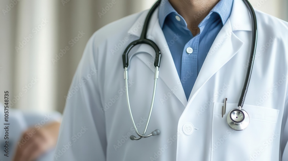 Friendly doctor in white coat, stethoscope around neck, patient consultation