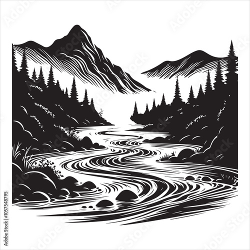 Flowing river silhouette on a white background 