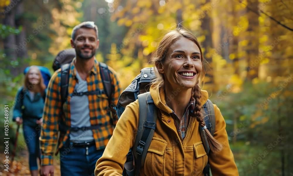 Autumn Hiking Adventure: Family of hikers smiles joyfully on an autumn trail, surrounded by vibrant fall foliage. A heartwarming image of nature, family bonding, and outdoor adventure. Autumn Hiking Adventure: Family of hikers smiles joyfully on an autumn trail, surrounded by vibrant fall foliage. A heartwarming image of nature, family bonding, and outdoor adventure.