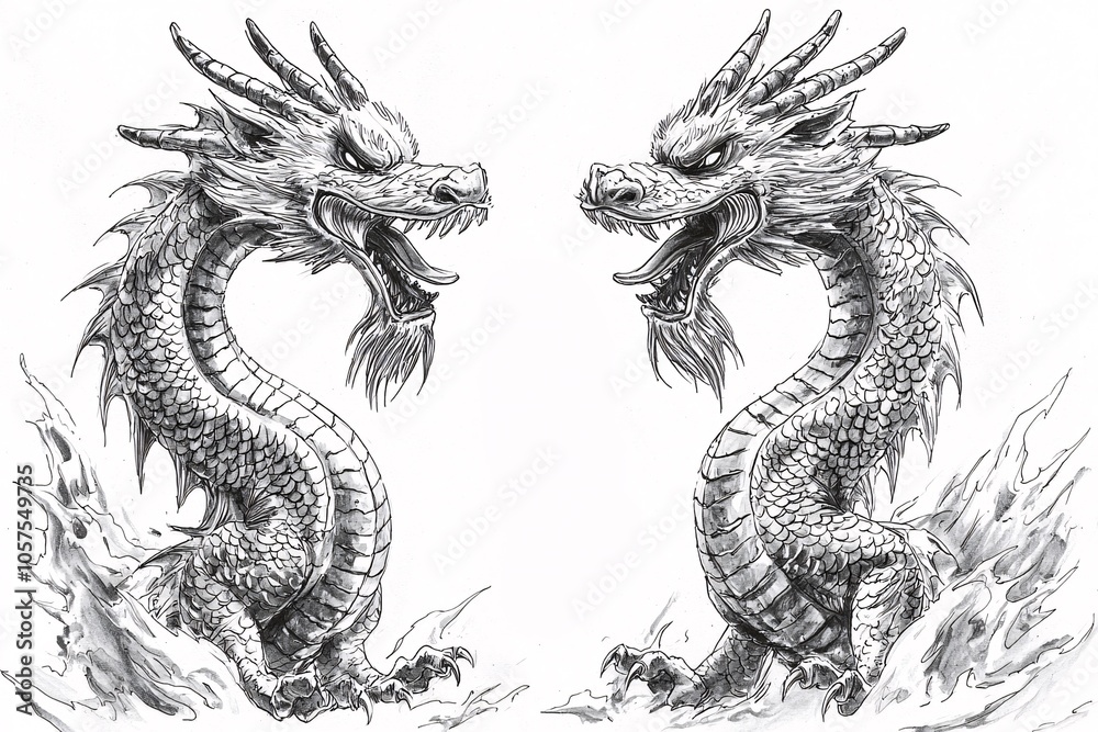 Two Chinese Dragons Facing Each Other Black and White Ink Drawing Two Chinese Dragons Facing Each Other Black and White Ink Drawing