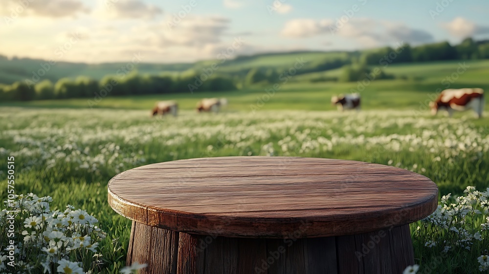 A wooden barrel top, a perfect blank canvas for showcasing products, sits in a field of wildflowers with cows grazing in the background. A wooden barrel top, a perfect blank canvas for showcasing products, sits in a field of wildflowers with cows grazing in the background.