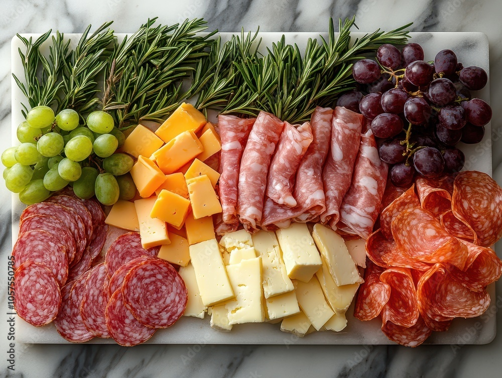Elegant gourmet charcuterie board featuring assorted cheeses, cured meats, fresh grapes artfully arranged on a sleek marble surface Elegant gourmet charcuterie board featuring assorted cheeses, cured meats, fresh grapes artfully arranged on a sleek marble surface