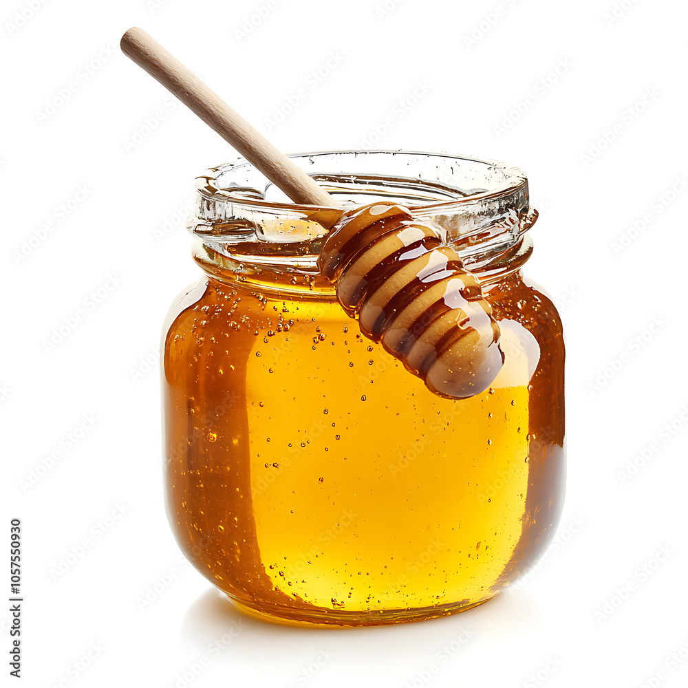 Glass jar of honey and stick isolated on white Glass jar of honey and stick isolated on white